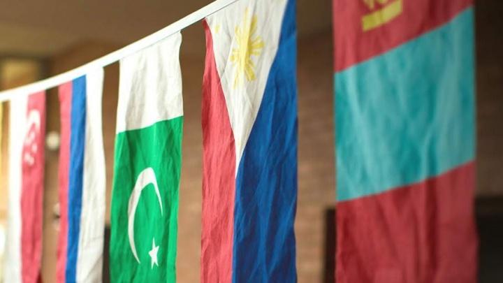 International flags hang together